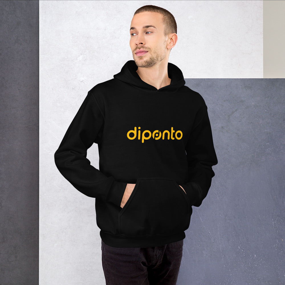 Casaco preto com capuz e logo amarelo