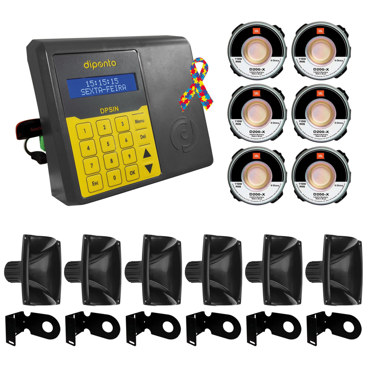 SIRENE MUSICAL ESCOLAR - DPSIN amplificado com 100 músicas + 6 cornetas + 6 drives