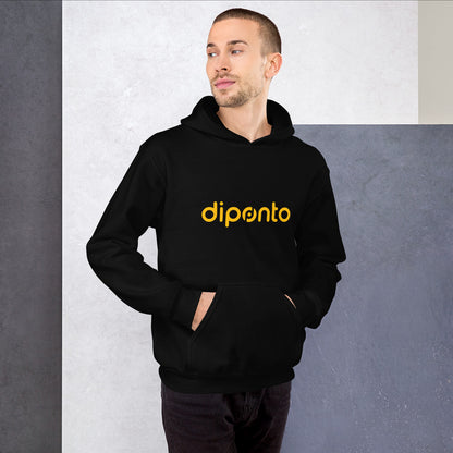 Casaco preto com capuz e logo amarelo